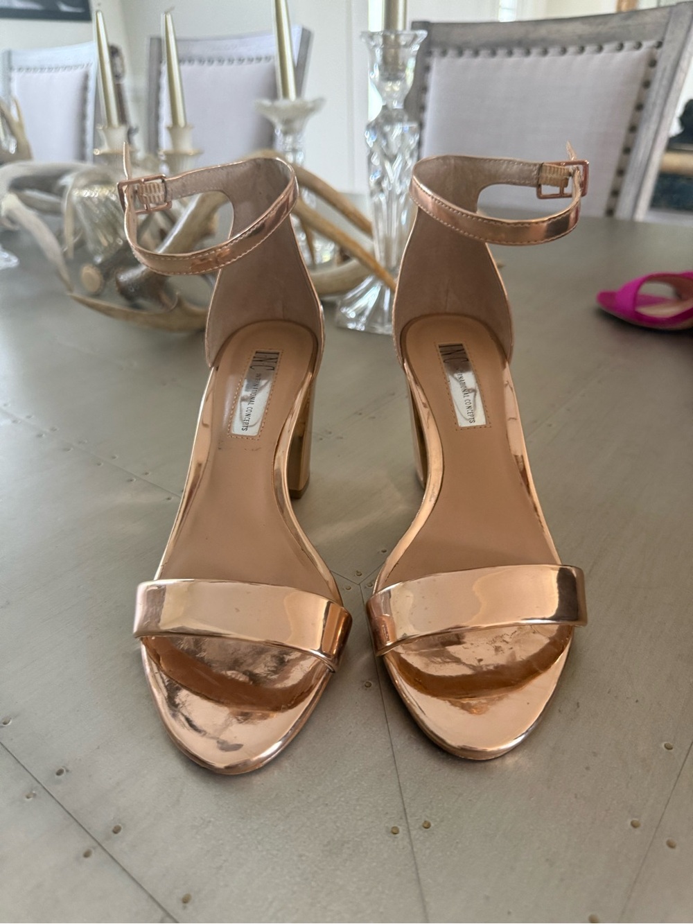 INC International Concepts Metallic Rose Gold Ankle-Strap Block Heels